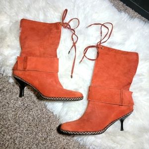BCBG MAX AZRIA Rust Orange Buckle Heeled Mid-Calf Boots sz 9